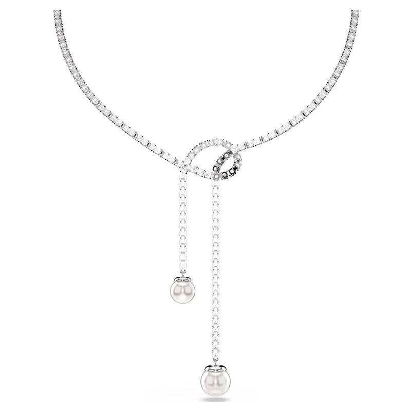 Swarovski Matrix Y necklace, Crystal pearl, Round cut, White, Rhodium plated