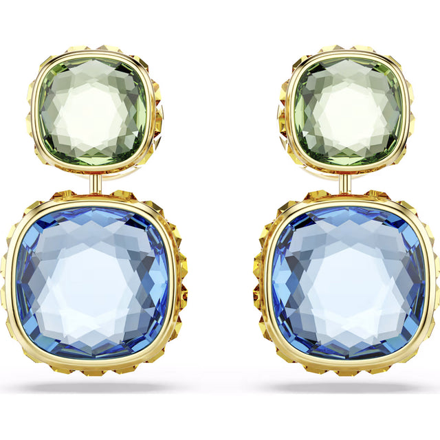 Swarovski Chroma drop earrings, Cushion cut, Multicolored, Gold-tone plated