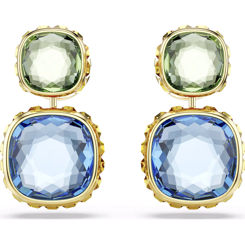 Swarovski Chroma drop earrings, Cushion cut, Multicolored, Gold-tone plated