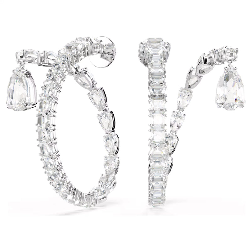 Swarovski Matrix hoop earrings, Mixed cuts, White, Rhodium plated