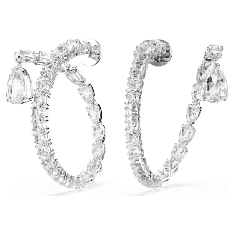 Swarovski Matrix hoop earrings, Mixed cuts, White, Rhodium plated