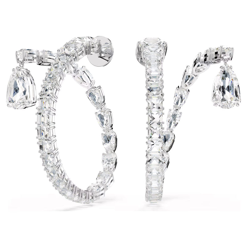 Swarovski Matrix hoop earrings, Mixed cuts, White, Rhodium plated