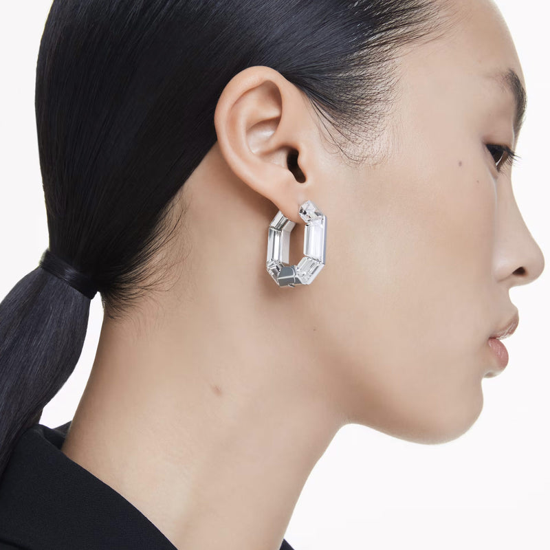Swarovski Lucent hoop earrings, Octagon shape, Small, White