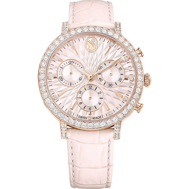 Swarovski Matrix Tennis Chrono watch, Swiss Made, Leather strap, Pink, Rose gold-tone finish