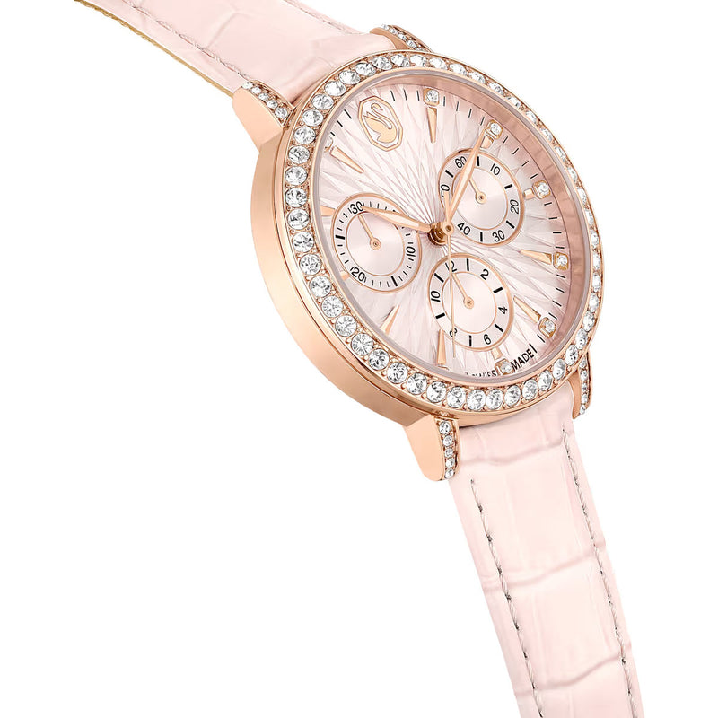 Swarovski Matrix Tennis Chrono watch, Swiss Made, Leather strap, Pink, Rose gold-tone finish