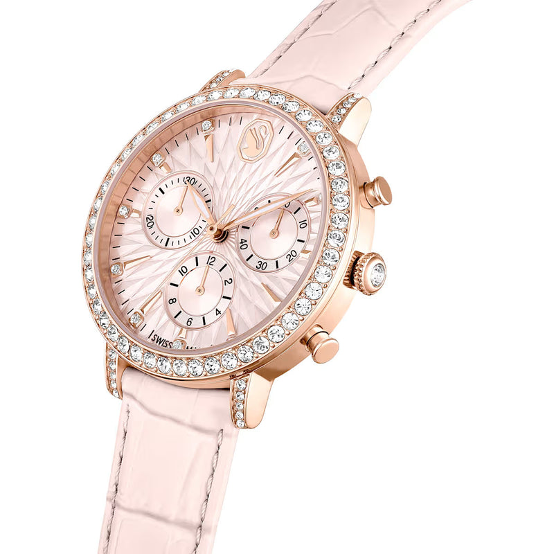 Swarovski Matrix Tennis Chrono watch, Swiss Made, Leather strap, Pink, Rose gold-tone finish