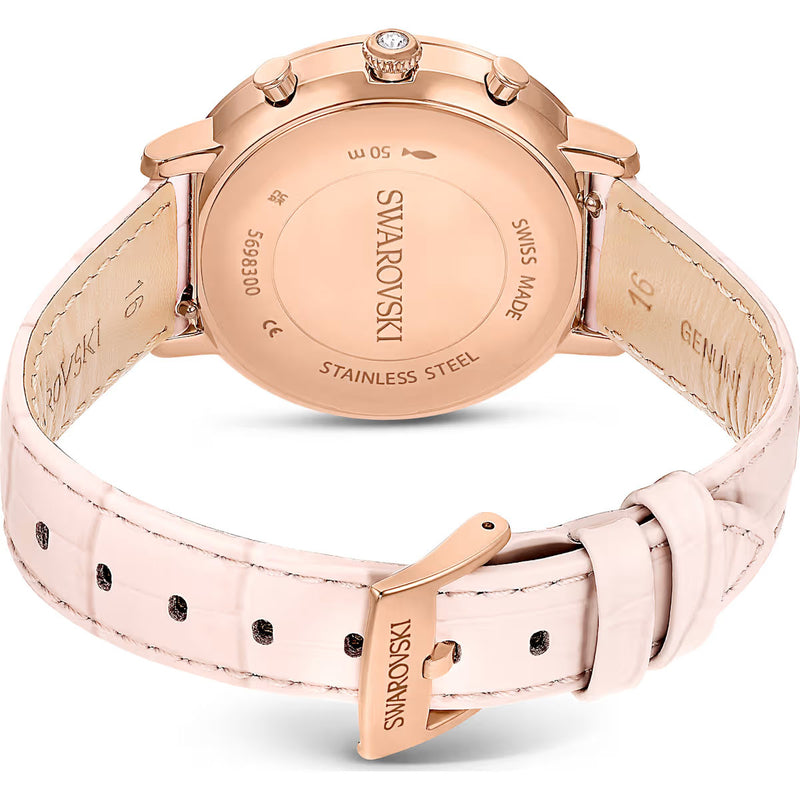 Swarovski Matrix Tennis Chrono watch, Swiss Made, Leather strap, Pink, Rose gold-tone finish