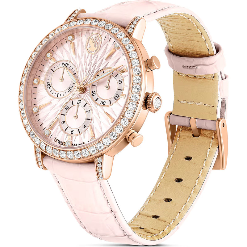 Swarovski Matrix Tennis Chrono watch, Swiss Made, Leather strap, Pink, Rose gold-tone finish