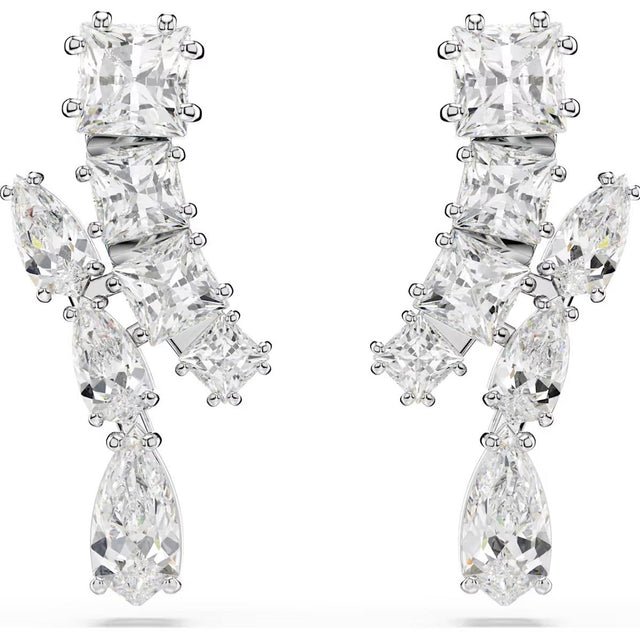Swarovski Matrix drop earrings, Mixed cuts, White, Rhodium plated