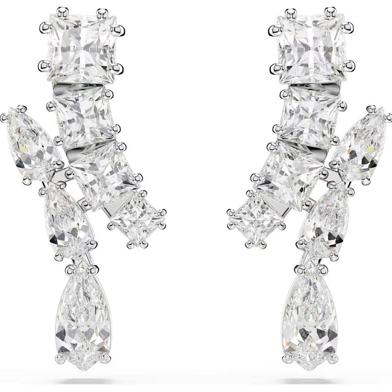 Swarovski Matrix drop earrings, Mixed cuts, White, Rhodium plated