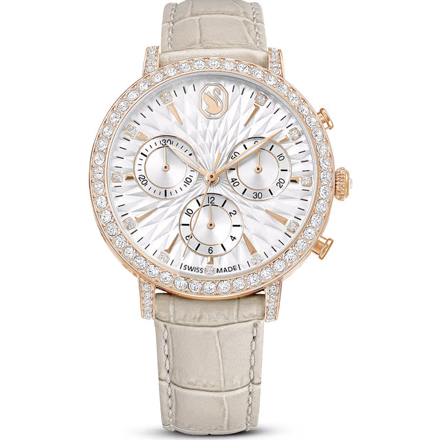 Swarovski Matrix Tennis Chrono watch, Swiss Made, Leather strap, Beige, Rose gold-tone finish