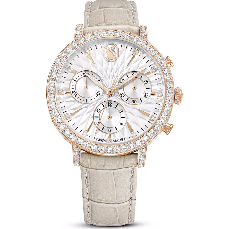 Swarovski Matrix Tennis Chrono watch, Swiss Made, Leather strap, Beige, Rose gold-tone finish