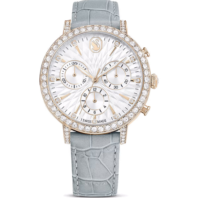 Swarovski Matrix Tennis Chrono watch, Swiss Made, Leather strap, Gray, Champagne gold-tone finish