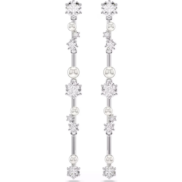 Swarovski Constella drop earrings, Crystal pearl, Round cuts, White, Rhodium plated