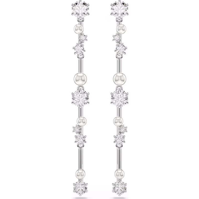 Swarovski Constella drop earrings, Crystal pearl, Round cuts, White, Rhodium plated
