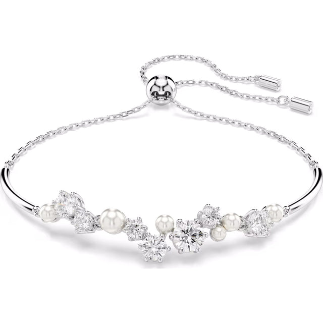 Swarovski Constella bangle, Crystal pearl, Round cuts, White, Rhodium plated, Medium