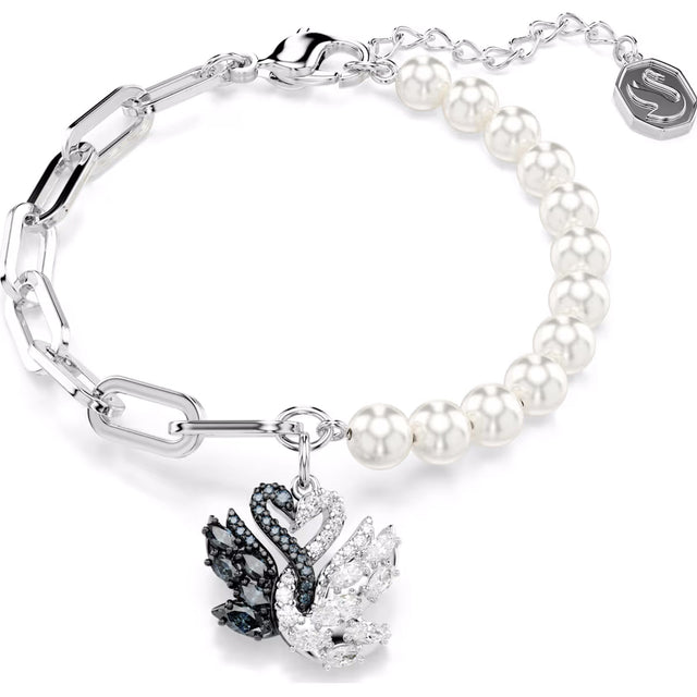 Swarovski Swan bracelet, Crystal pearl, Swan, Black, Rhodium plated, Medium