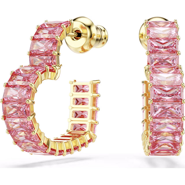 Swarovski Matrix hoop earrings, Baguette cut, Heart, Small, Pink, Gold-tone plated