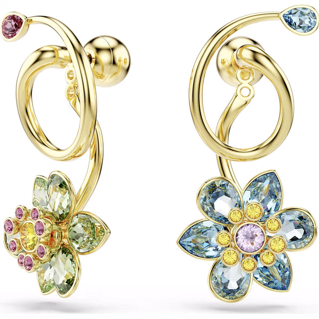 Swarovski Idyllia drop earrings, Asymmetrical design, Mixed cuts, Flower, Multicolored, Gold-tone plated