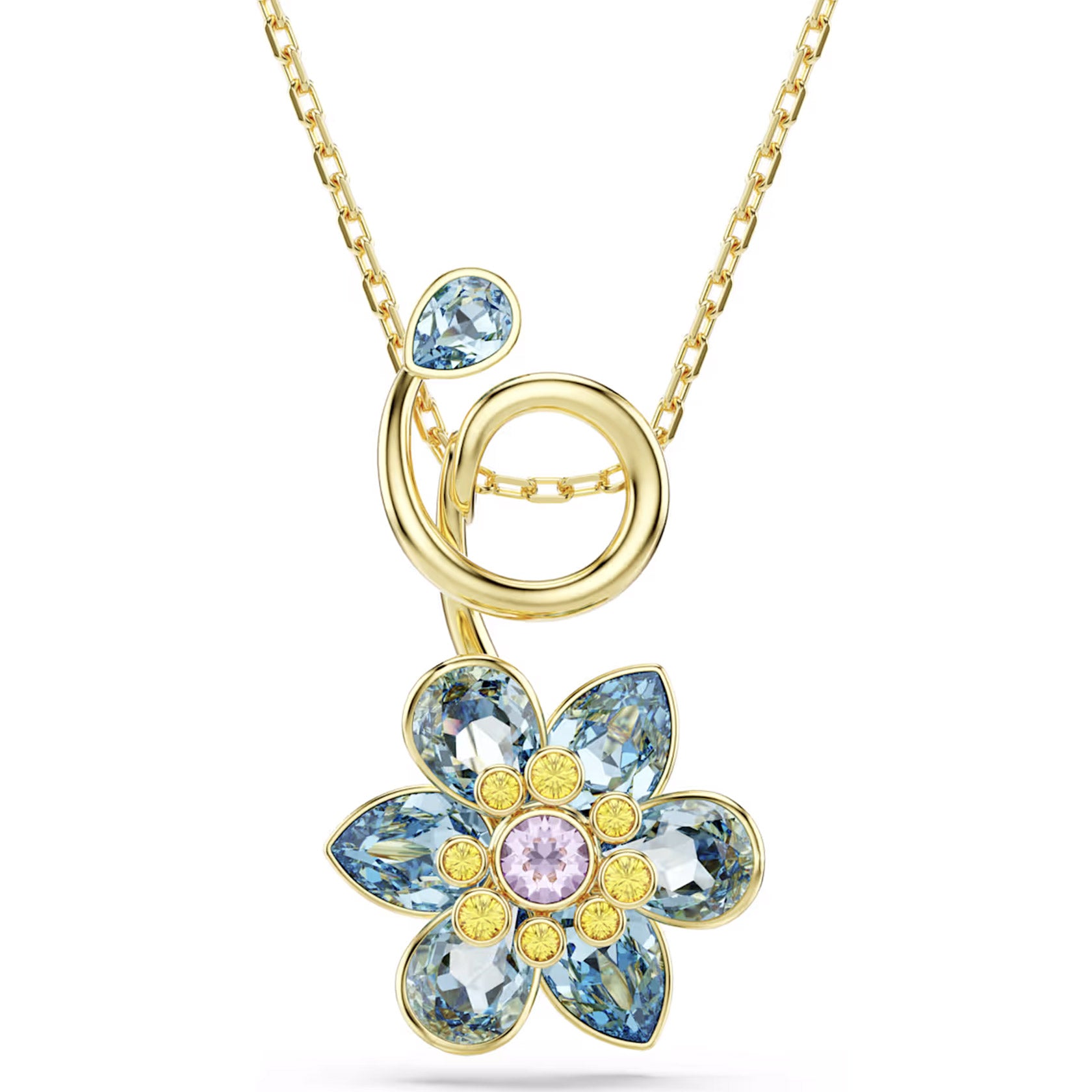 Swarovski Idyllia pendant, Mixed cuts, Flower, Blue, Gold-tone plated