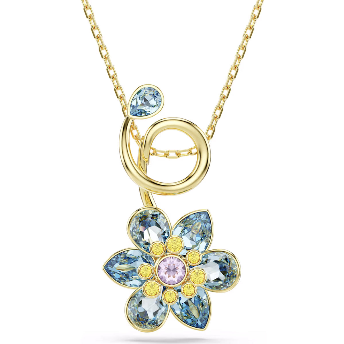 Swarovski Idyllia pendant, Mixed cuts, Flower, Blue, Gold-tone plated ...