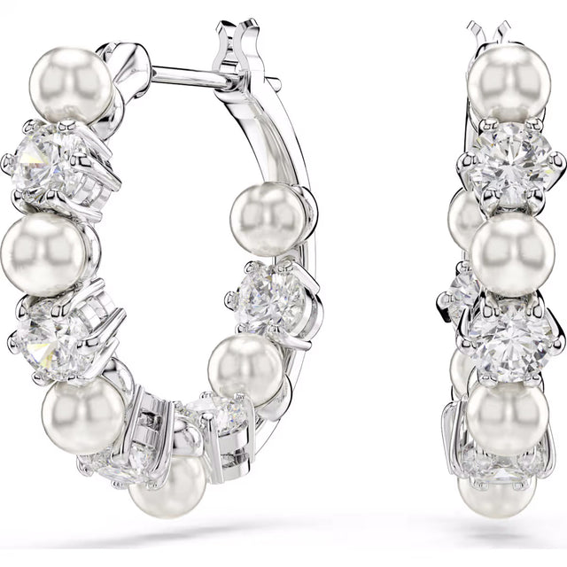 Swarovski Matrix drop silver earrings, Crystal pearl, Round cut, White, Rhodium plated