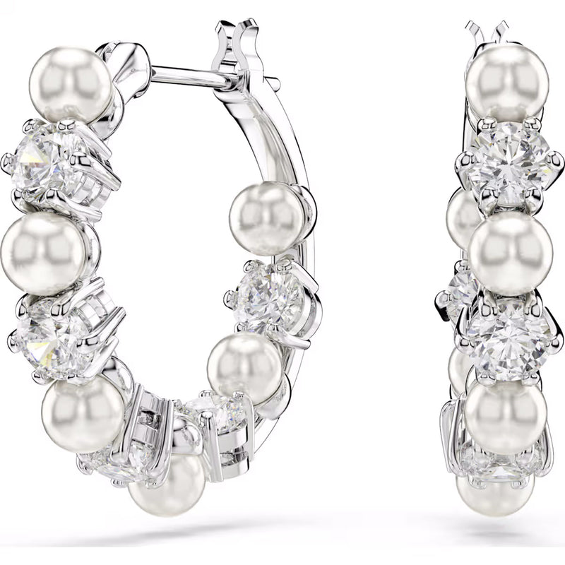 Swarovski Matrix drop silver earrings, Crystal pearl, Round cut, White, Rhodium plated