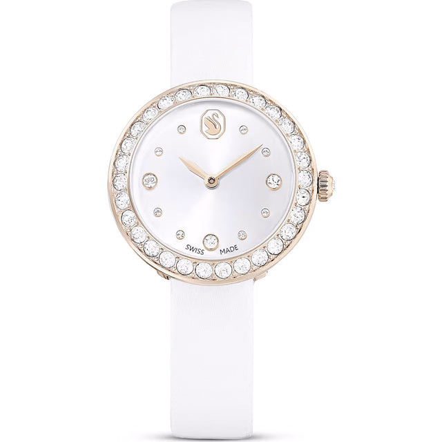 Swarovski Matrix Tennis watch, Swiss Made, Leather strap, White, Champagne gold-tone finish