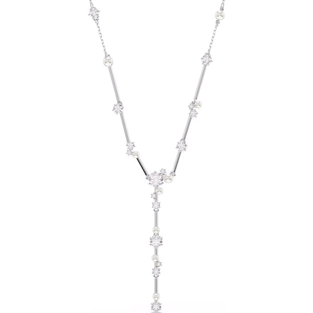 Swarovski Constella Y necklace, Crystal pearl, Round cuts, White, Rhodium plated