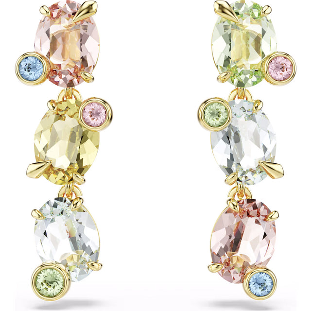 Swarovski Gema drop earrings, Asymmetrical design, Mixed cuts, Multicolored, Gold-tone plated