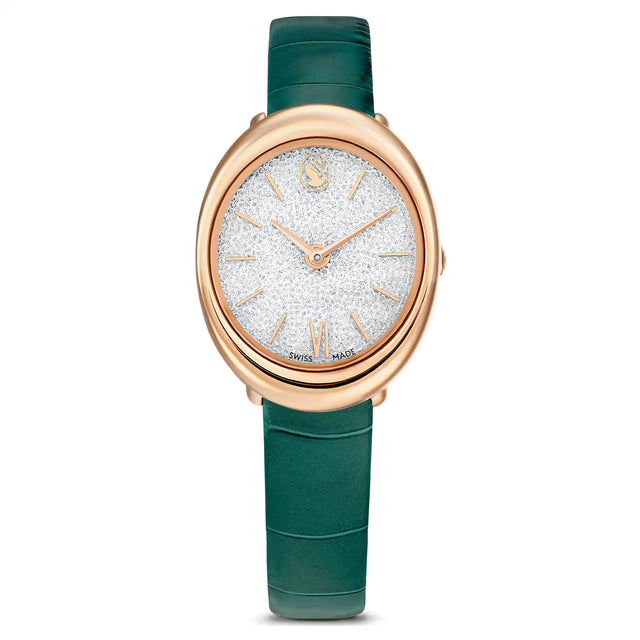 Swarovski Imber watch, Swiss Made, Leather strap, Green, Rose gold-tone finish