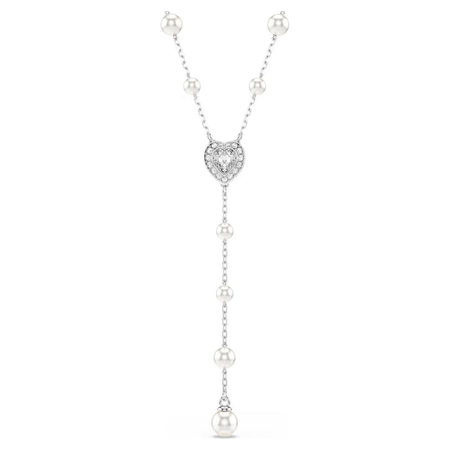 Swarovski x Ariana Grande Capsule Y necklace Crystal pearl, Mixed cuts, Heart, White, Rhodium plated