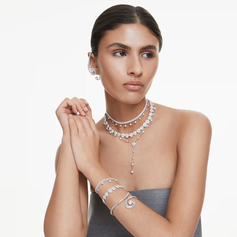 Swarovski x Ariana Grande Capsule Y necklace Crystal pearl, Mixed cuts, Heart, White, Rhodium plated