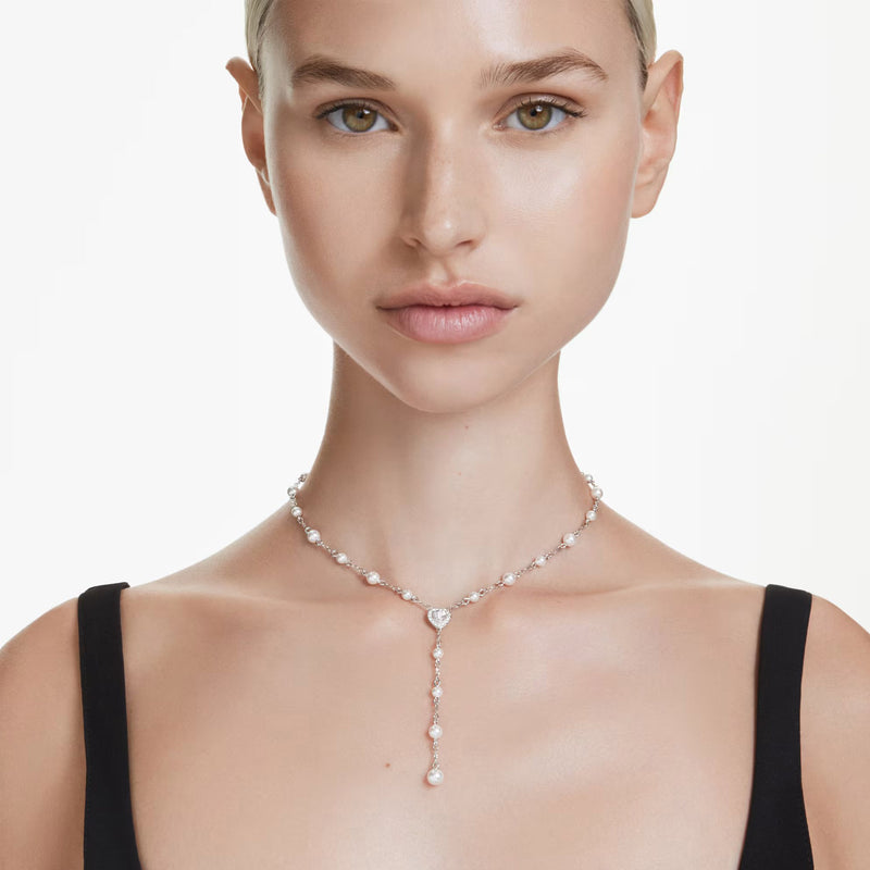 Swarovski x Ariana Grande Capsule Y necklace Crystal pearl, Mixed cuts, Heart, White, Rhodium plated