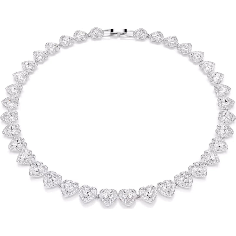 Rhodium-plated heart crystal tennis necklace with sparkly links