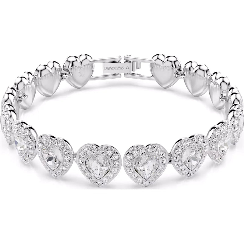 Rhodium-plated heart crystal bracelet with linked heart charms