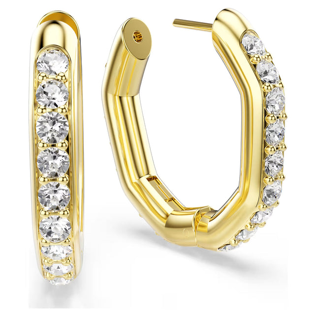 Swarovski Dextera hoop earrings, Octagon shape, Round cut, White, Gold-tone plated