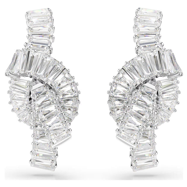 Swarovski Matrix earrings, Baguette cut, Knot, White, Rhodium plated