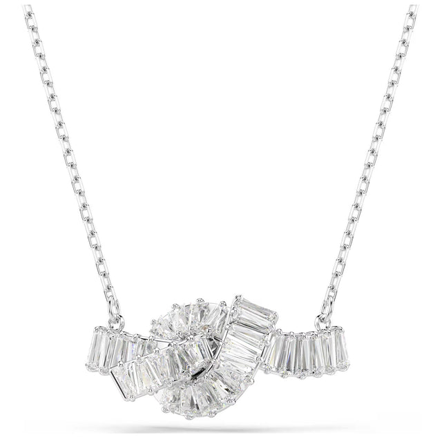 Swarovski Matrix pendant, Baguette cut, Knot, White, Rhodium plated