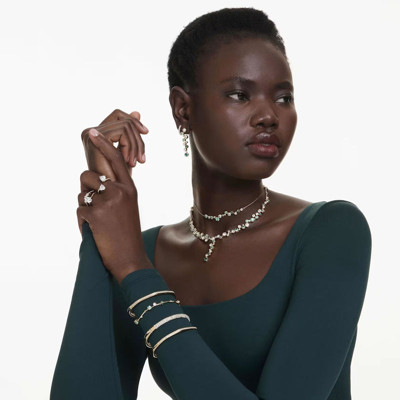 Swarovski Constella drop earrings, Mixed cuts, Green, Gold-tone plated