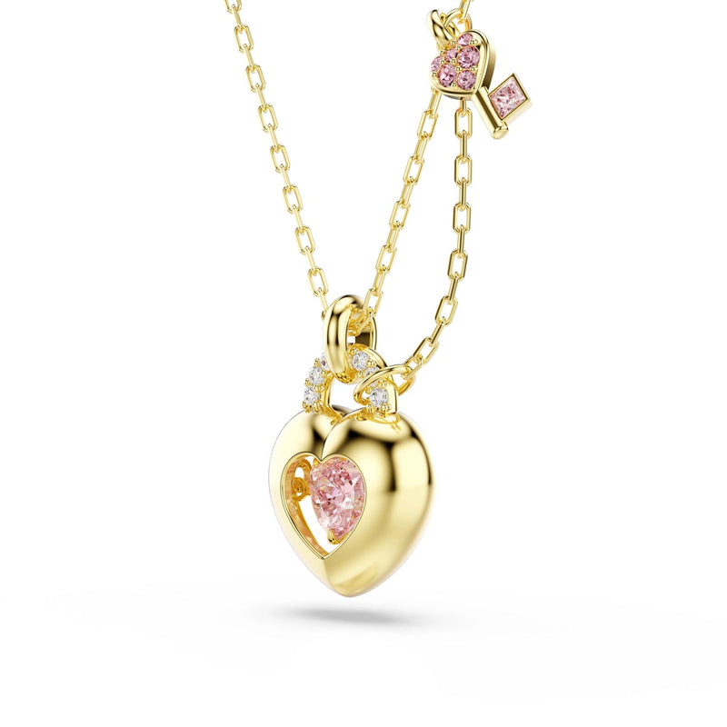 Swarovski Idyllia pendant, Mixed cuts, Heart, Key, Pink, Gold-tone plated