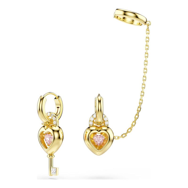 Swarovski Idyllia drop earrings with ear cuff, Mixed cuts, Heart with key, Pink, Gold-tone plated