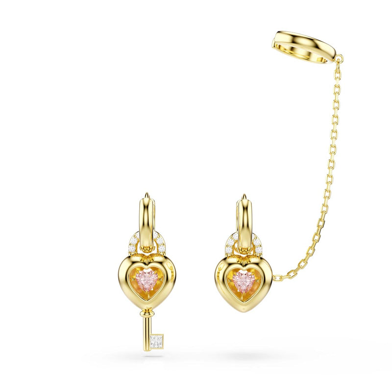 Swarovski Idyllia drop earrings with ear cuff, Mixed cuts, Heart with key, Pink, Gold-tone plated