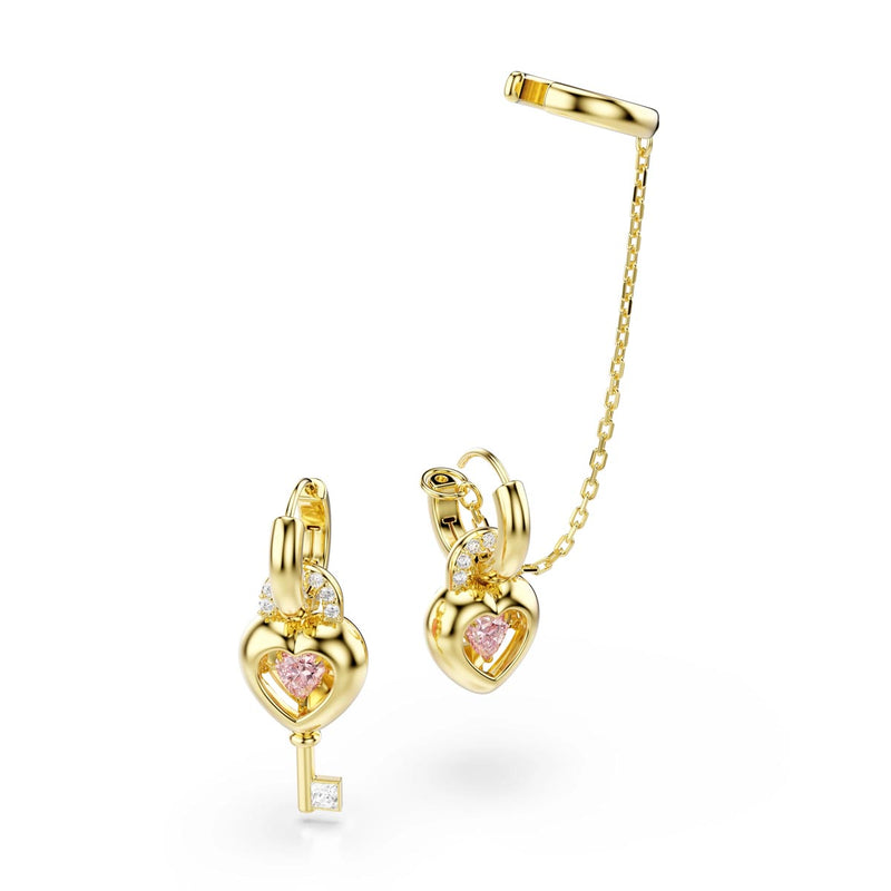 Swarovski Idyllia drop earrings with ear cuff, Mixed cuts, Heart with key, Pink, Gold-tone plated