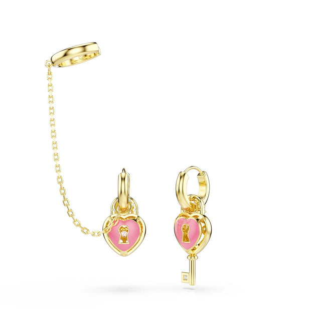 Swarovski Idyllia drop earrings with ear cuff, Mixed cuts, Heart with key, Pink, Gold-tone plated