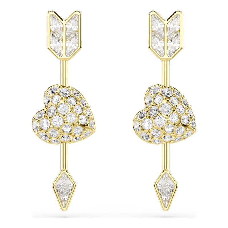Swarovski Idyllia drop earrings, Mixed cuts, Heart with arrow, White, Gold-tone plated