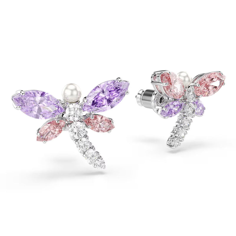 Swarovski x Ariana Grande stud earrings, Mixed cuts, Dragonfly, Multicolored, Rhodium plated