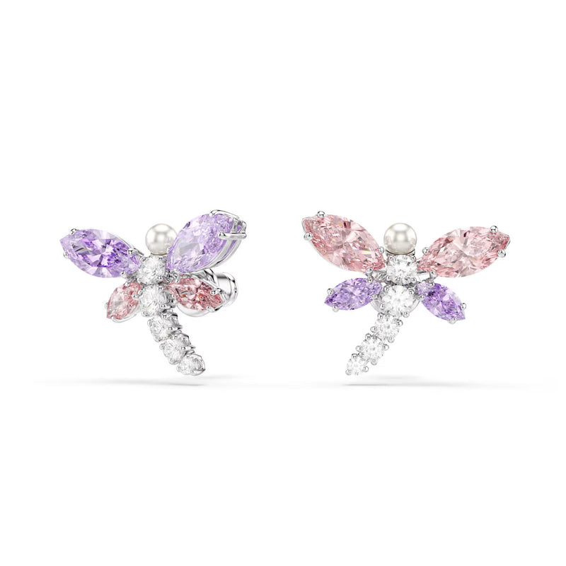 Swarovski x Ariana Grande stud earrings, Mixed cuts, Dragonfly, Multicolored, Rhodium plated