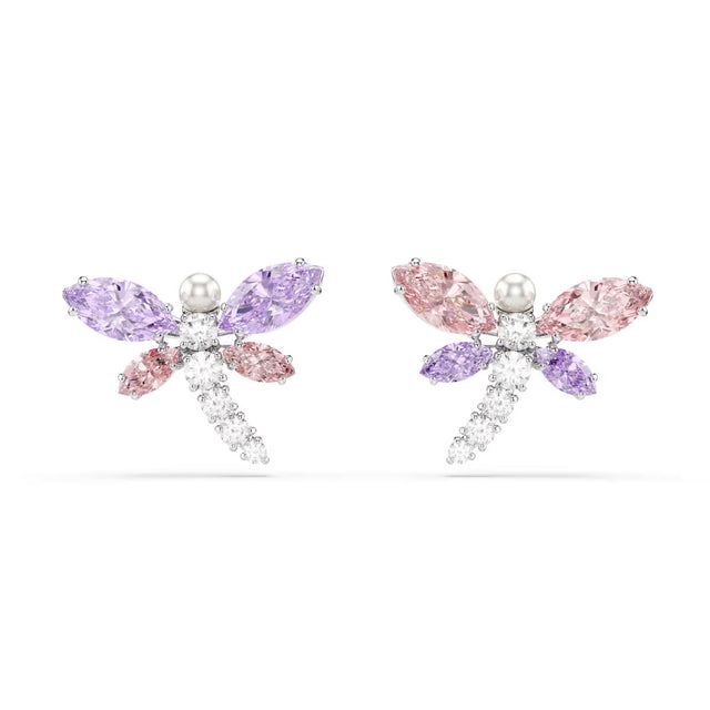 Swarovski x Ariana Grande stud earrings, Mixed cuts, Dragonfly, Multicolored, Rhodium plated