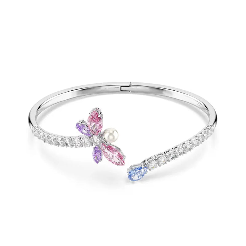 Open rhodium-plated crystal cuff bracelet with a colorful dragonfly and pearl accent